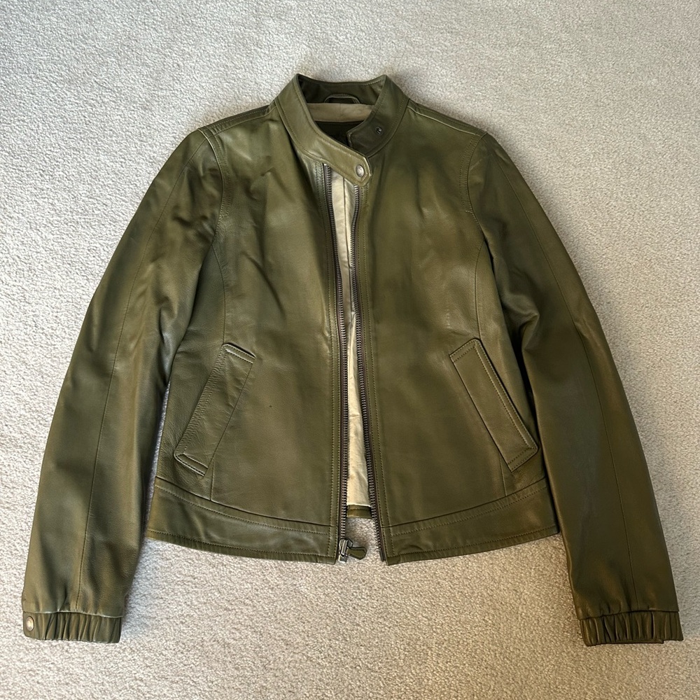 Coach Avocado Green Full Leather Zip Jacket - Size Small